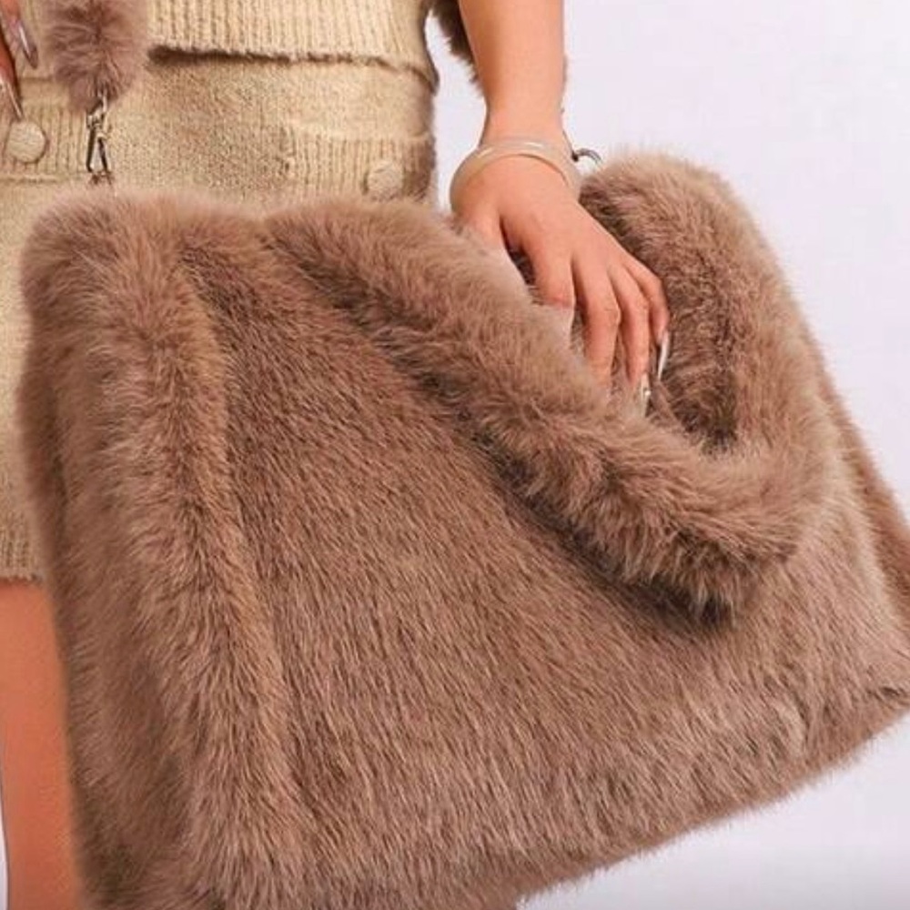 Plush Faux Fur Tote Bag in Taupe Brown - Women's Cozy Fashion Tote